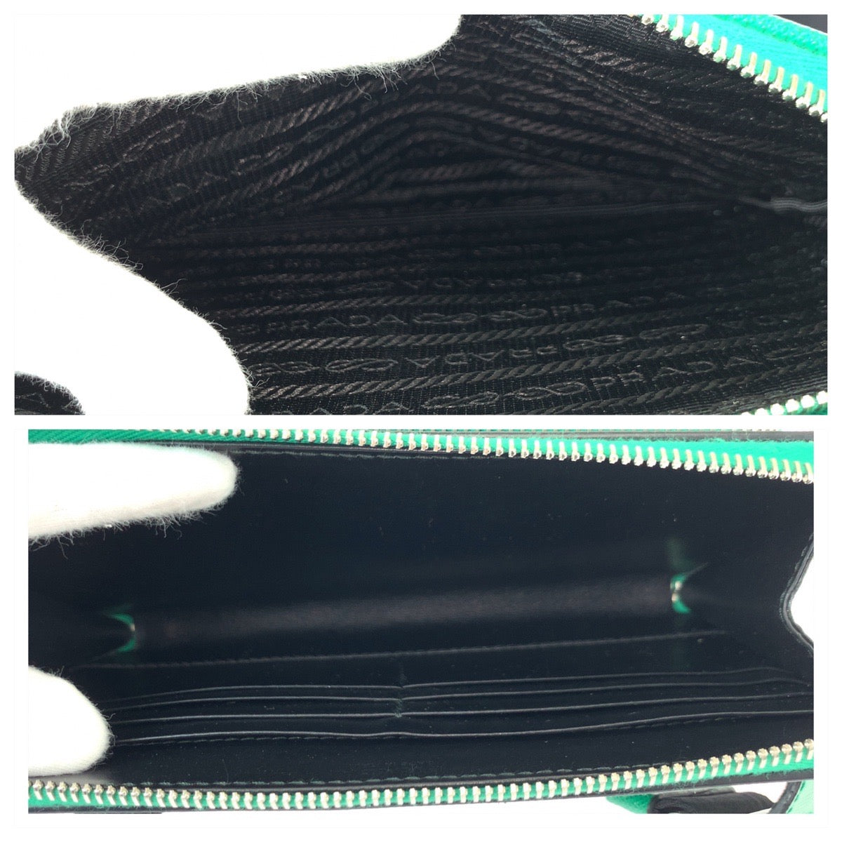 21954
PRADA プラダ サフィアーノ 三角ロゴプレート グリーン ブラック シルバー金具 レザー ボディバッグ ウエストバッグ バムバッグ レディース A10