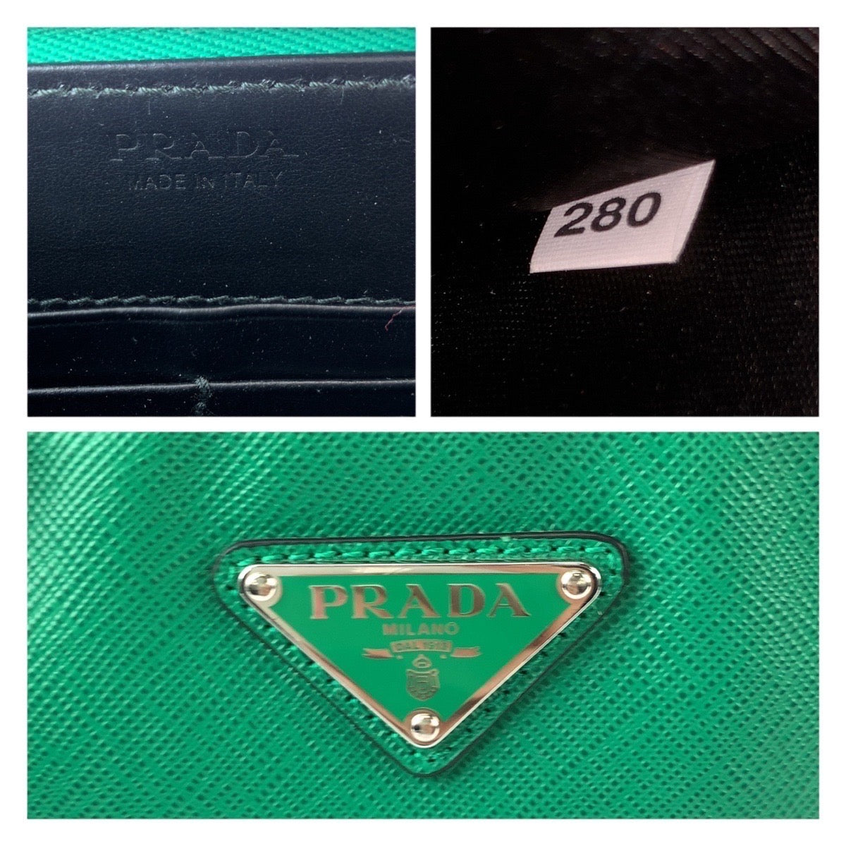 21954
PRADA プラダ サフィアーノ 三角ロゴプレート グリーン ブラック シルバー金具 レザー ボディバッグ ウエストバッグ バムバッグ レディース A10