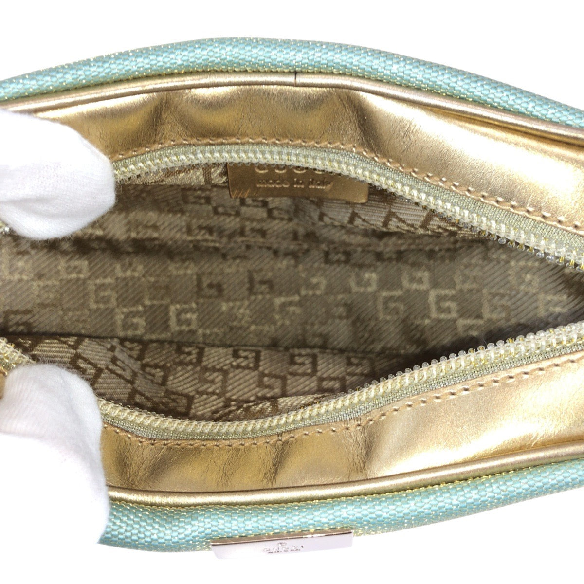 21987
GUCCI グッチ グリーン ゴールド キャンバス / レザー 039 1133 ハンドバッグ アクセサリーポーチ レディース A38