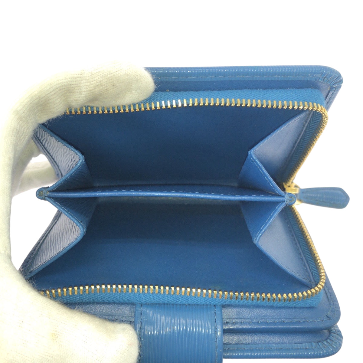 21998
PRADA プラダ ブルー ゴールド金具 レザー 折財布 コンパクトウォレット 男女兼用 レディース ABP21