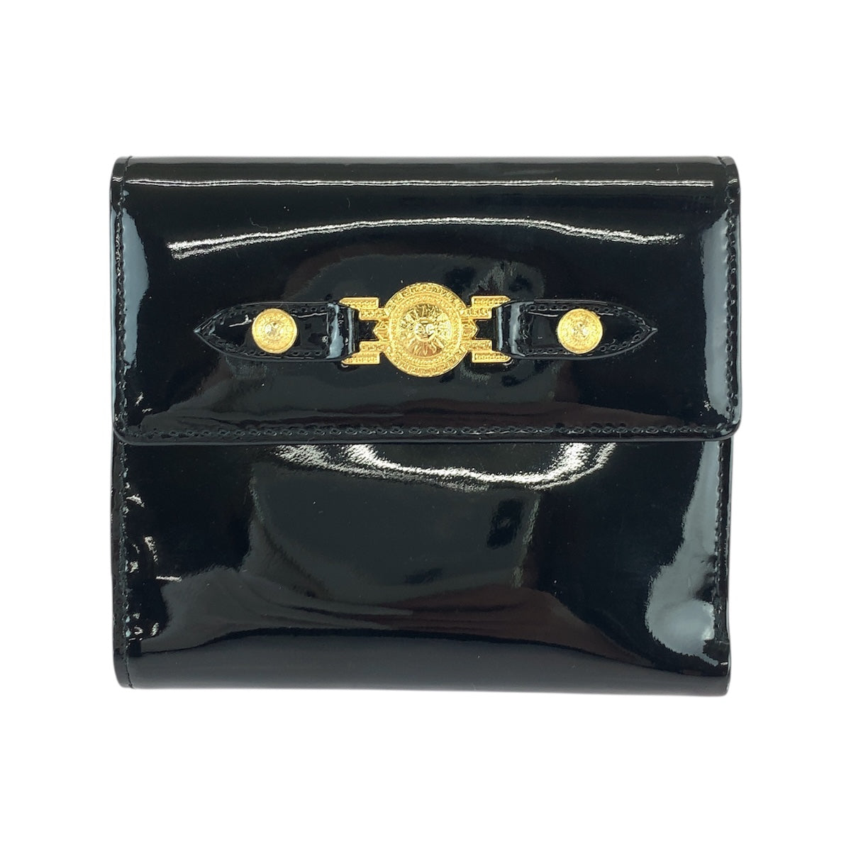 22007
VERSACE ヴェルサーチ サンバースト ブラック 黒 ゴールド金具 エナメル 折財布 コンパクトウォレット レディース ABP18