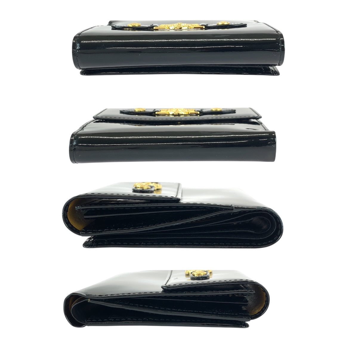 22007
VERSACE ヴェルサーチ サンバースト ブラック 黒 ゴールド金具 エナメル 折財布 コンパクトウォレット レディース ABP18
