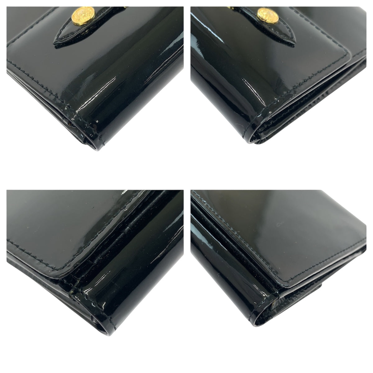 22007
VERSACE ヴェルサーチ サンバースト ブラック 黒 ゴールド金具 エナメル 折財布 コンパクトウォレット レディース ABP18