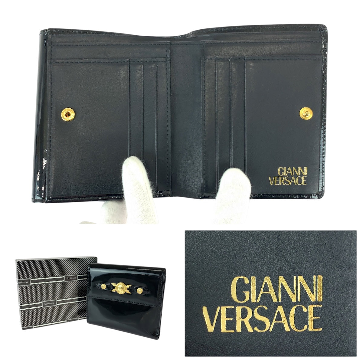 22007
VERSACE ヴェルサーチ サンバースト ブラック 黒 ゴールド金具 エナメル 折財布 コンパクトウォレット レディース ABP18