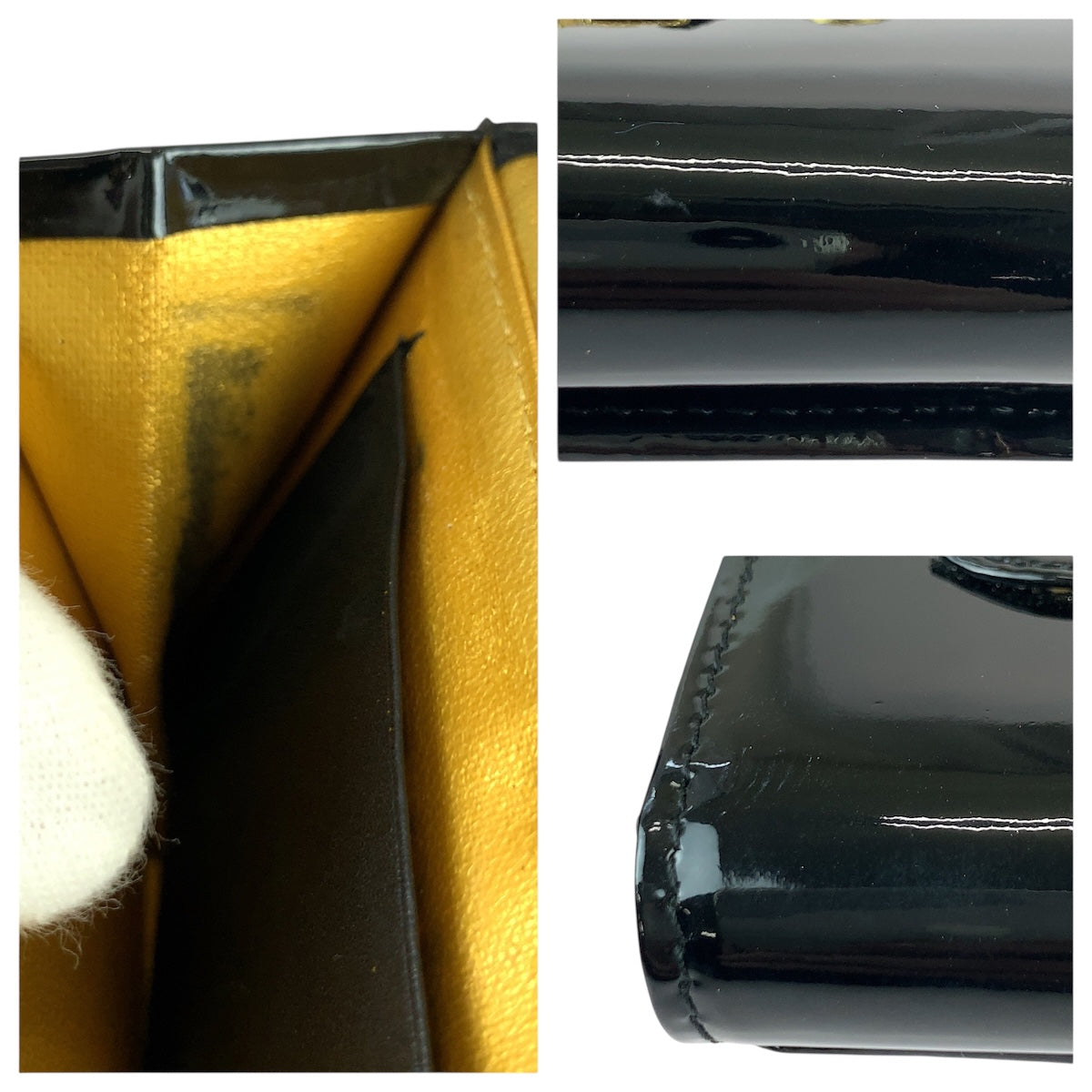 22007
VERSACE ヴェルサーチ サンバースト ブラック 黒 ゴールド金具 エナメル 折財布 コンパクトウォレット レディース ABP18