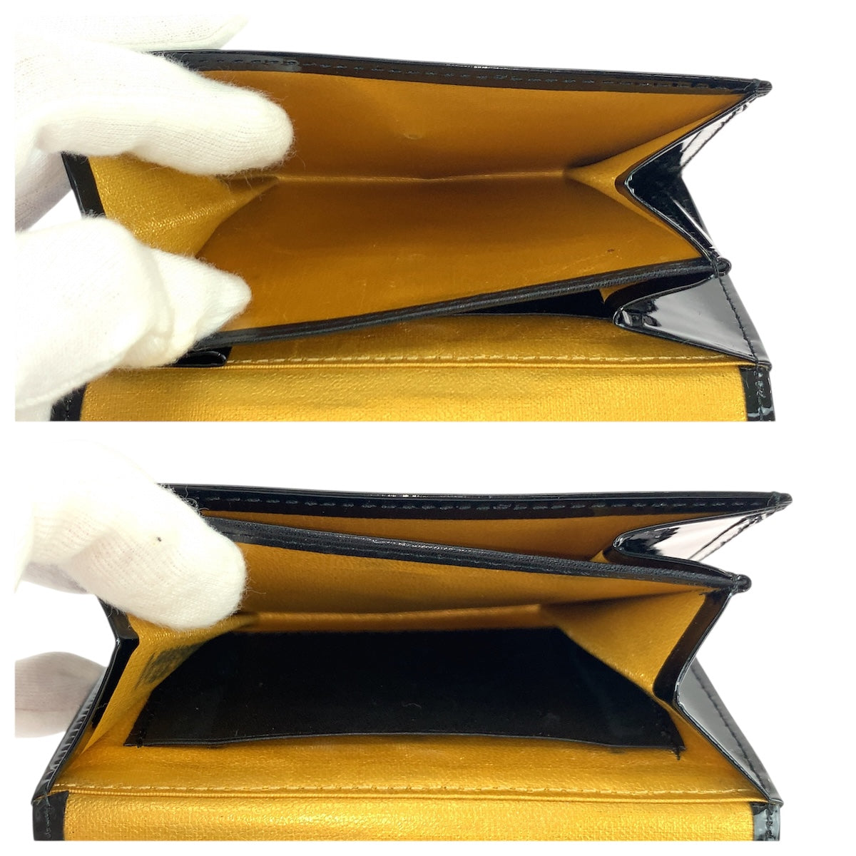 22007
VERSACE ヴェルサーチ サンバースト ブラック 黒 ゴールド金具 エナメル 折財布 コンパクトウォレット レディース ABP18