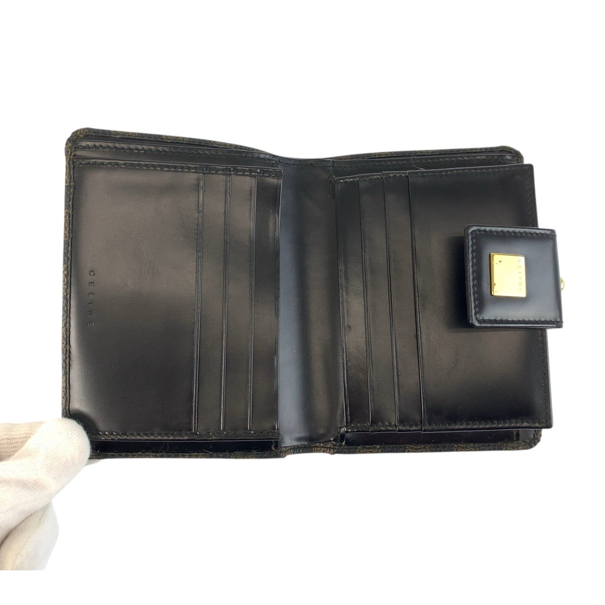 22008
CELINE セリーヌ ヴィンテージ マカダム ブラウン ブラック ゴールド金具 M/00/2 折財布 コンパクトウォレット レディース A21