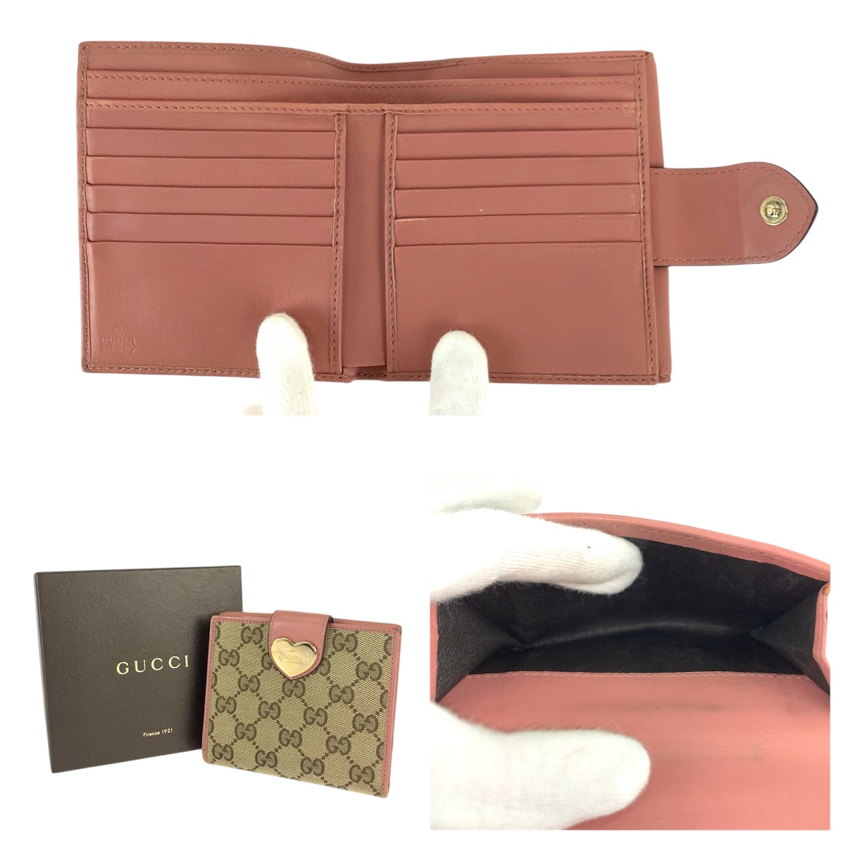 22013
GUCCI グッチ ハートロゴプレート ベージュ ピンク ゴールド金具 GGキャンバス / レザー 203549 折財布 コンパクトウォレット レディース ABP18