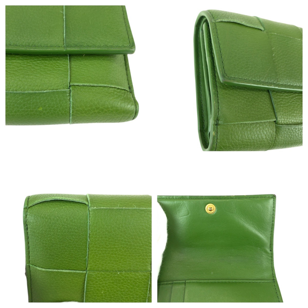 22014
BOTTEGAVENETA ボッテガヴェネタ イントレチャート グリーン ゴールド金具 レザー 折財布 コンパクトウォレット 男女兼用 レディース ABP21