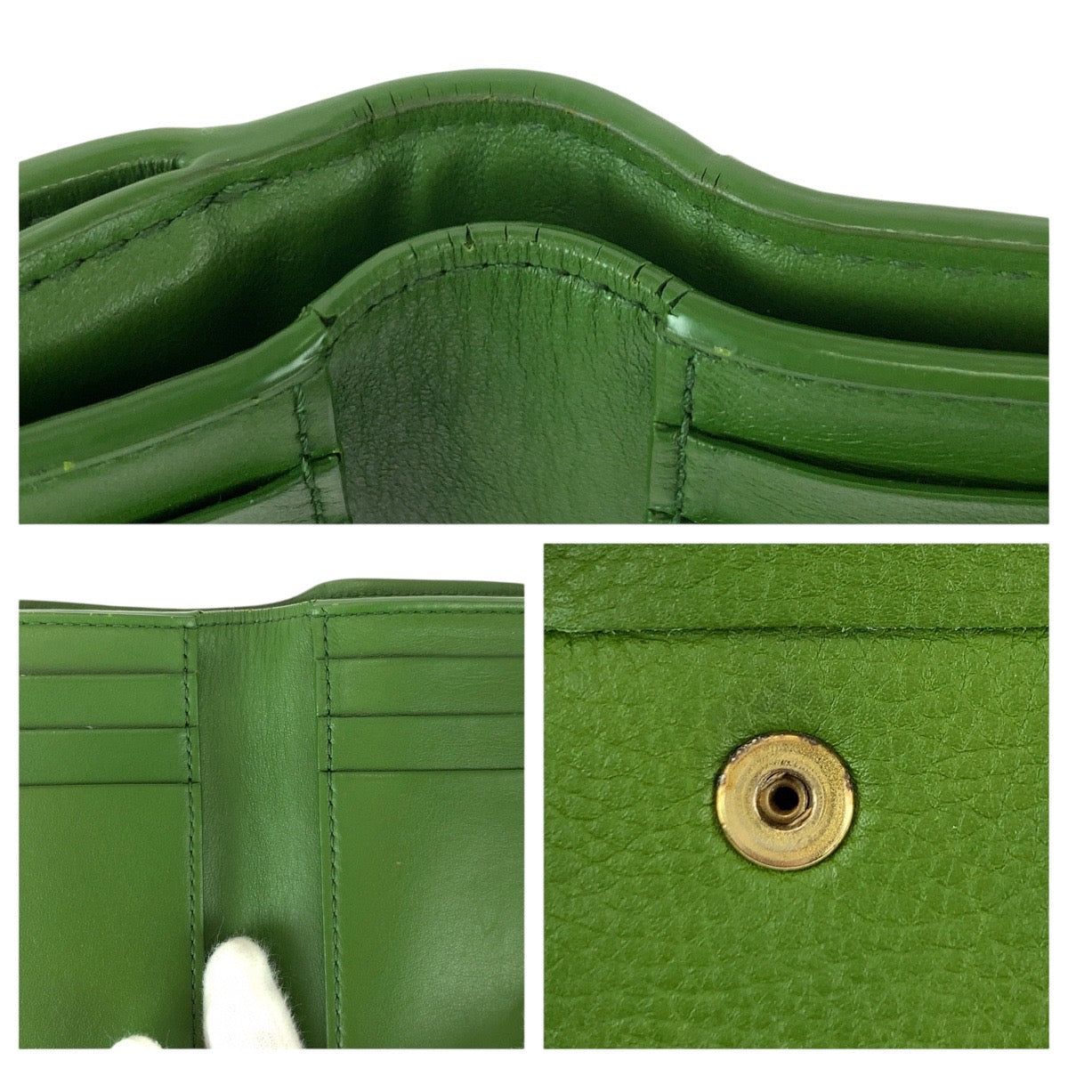 22014
BOTTEGAVENETA ボッテガヴェネタ イントレチャート グリーン ゴールド金具 レザー 折財布 コンパクトウォレット 男女兼用 レディース ABP21