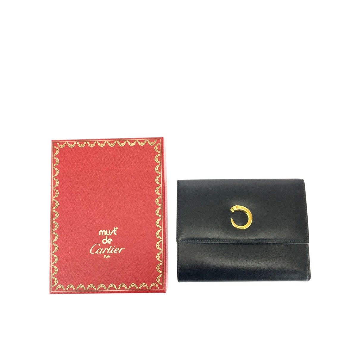 22018
CARTIER カルティエ パンテール パンサー ブラック 黒 ゴールド金具 レザー 折財布 コンパクウォレット レディース A28