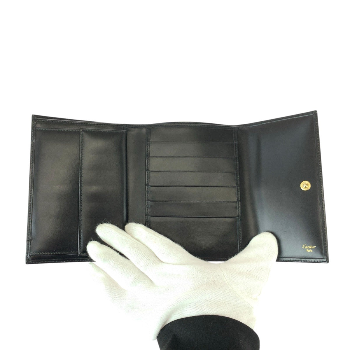 22018
CARTIER カルティエ パンテール パンサー ブラック 黒 ゴールド金具 レザー 折財布 コンパクウォレット レディース A28