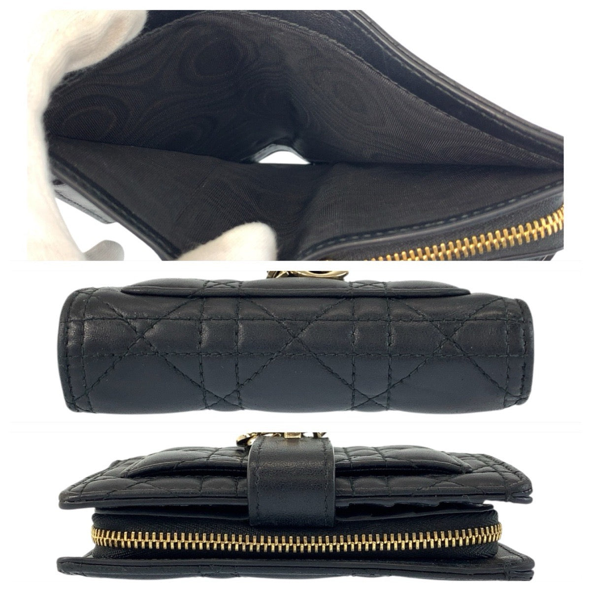 22021
Dior Cannage My Dior Dittany Black Gold Hardware Leather Folding Wallet Compact Wallet Ladies ABP28