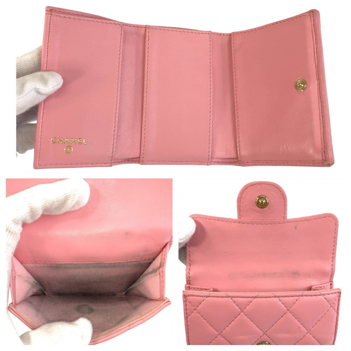 22027
CHANEL シャネル マトラッセ ココマーク ピンク ゴールド金具 レザー 折財布 コンパクトウォレット レディース AB30