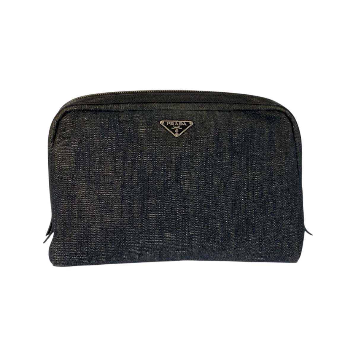22030
PRADA Triangle Logo Plate Black Silver Hardware Denim Clutch Bag Pouch Ladies ABP23