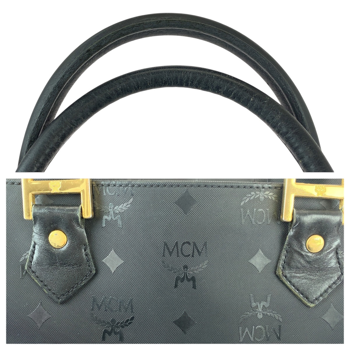 22031
MCM Visetos Black Gold Hardware Nylon / Leather Handbag Mini Boston Bag Ladies ABP15