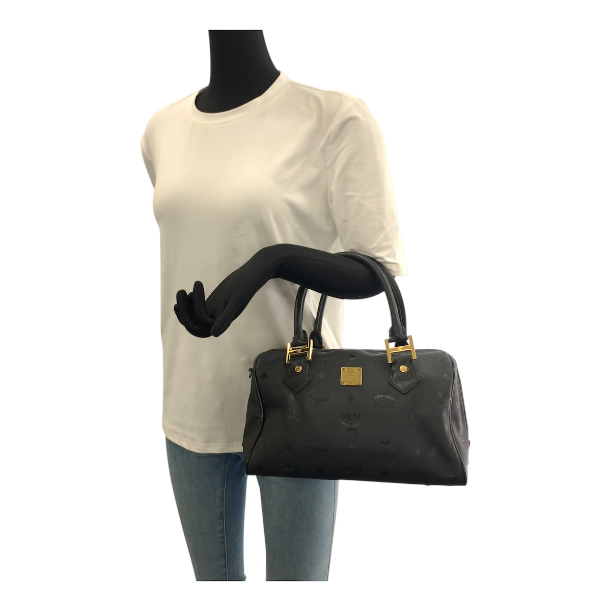 22031
MCM Visetos Black Gold Hardware Nylon / Leather Handbag Mini Boston Bag Ladies ABP15