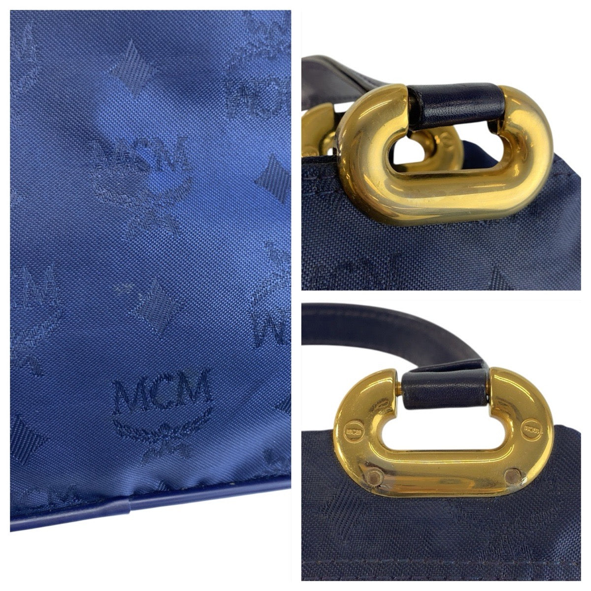22033
MCM Visetos Navy Gold Hardware Nylon Handbag Tote Bag Ladies A14
