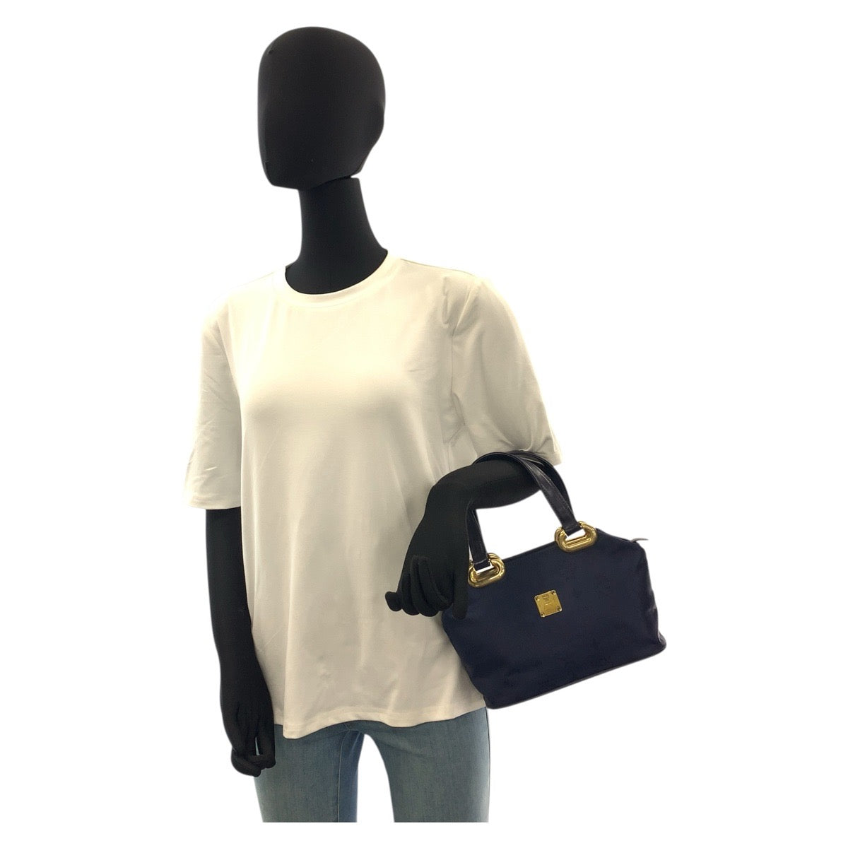 22033
MCM Visetos Navy Gold Hardware Nylon Handbag Tote Bag Ladies A14