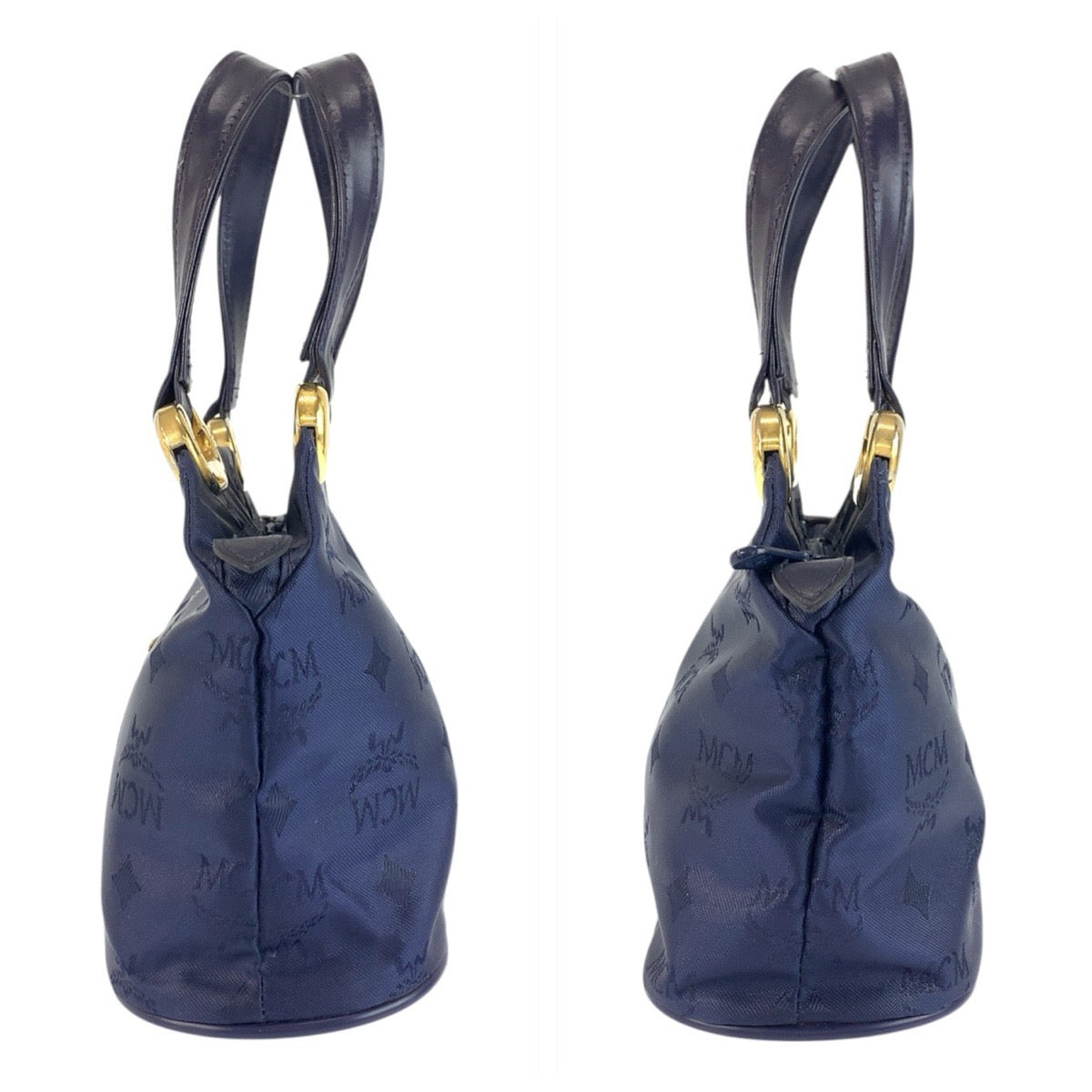 22033
MCM Visetos Navy Gold Hardware Nylon Handbag Tote Bag Ladies A14
