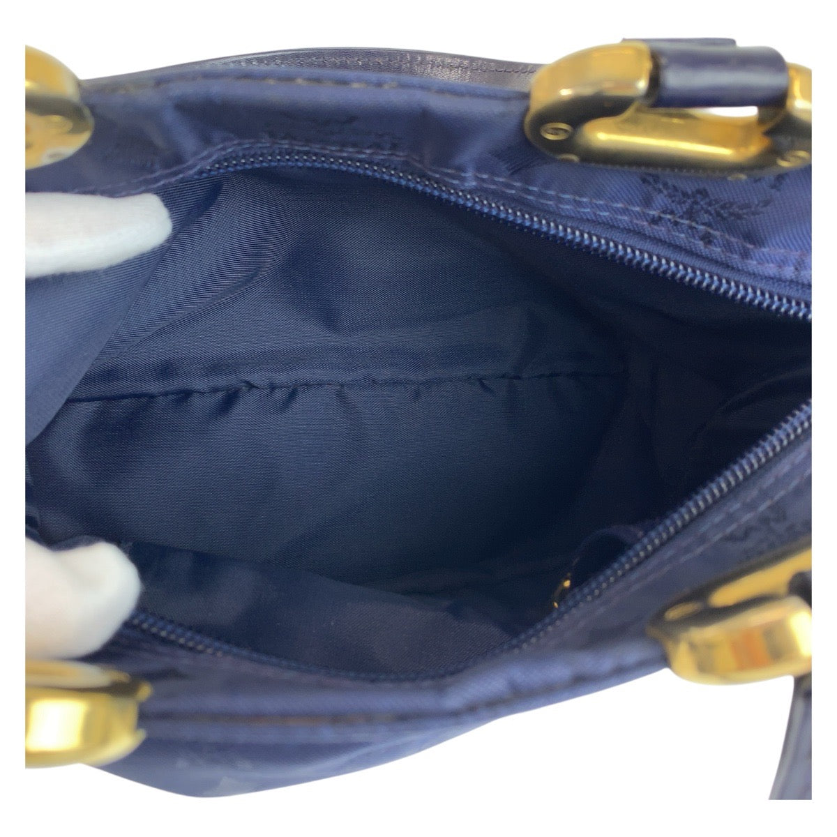 22033
MCM Visetos Navy Gold Hardware Nylon Handbag Tote Bag Ladies A14
