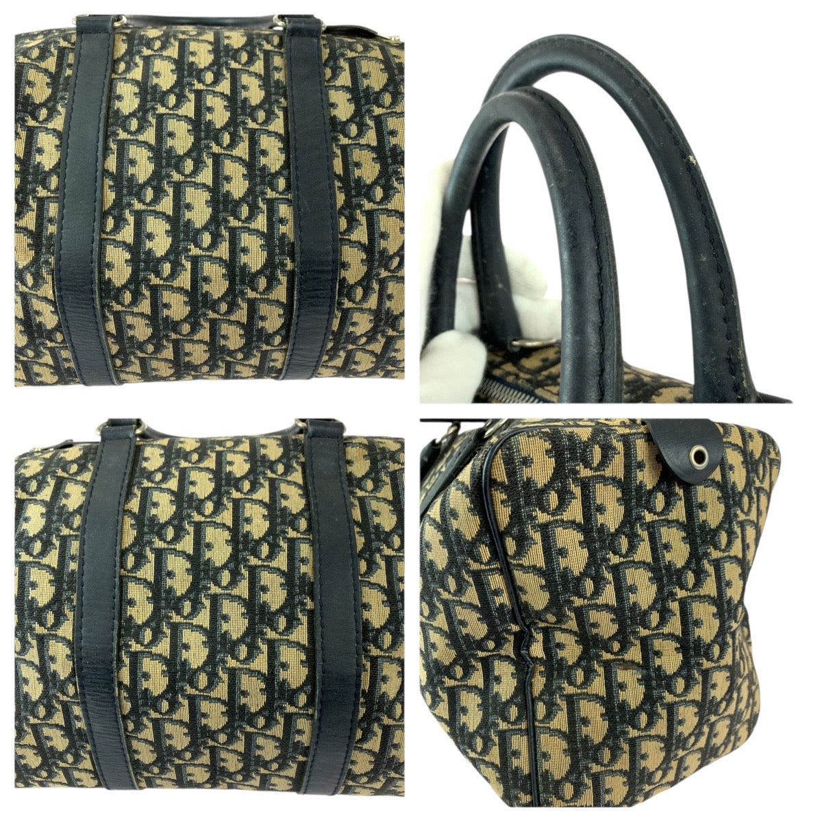 22040
Christian Dior Vintage Troter Beige Navy Silver Hardware Canvas / Leather Mini Boston Bag Handbag Ladies AB42