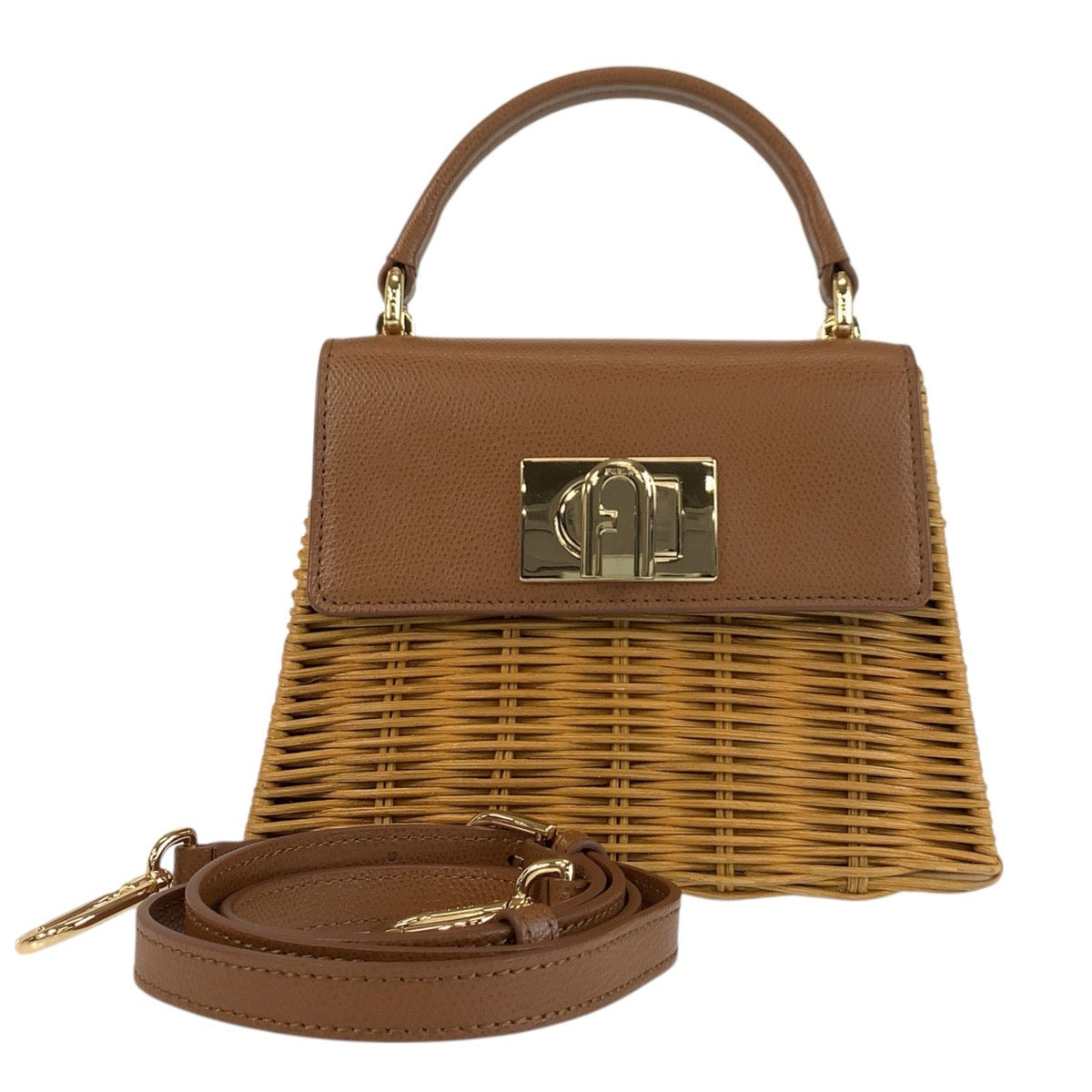 22041
Furla 1927 Brown Beige Gold Hardware Rattan / Leather Handbag Shoulder Bag 2way Women's A21