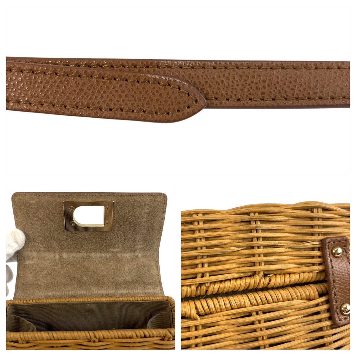 22041
Furla 1927 Brown Beige Gold Hardware Rattan / Leather Handbag Shoulder Bag 2way Women's A21