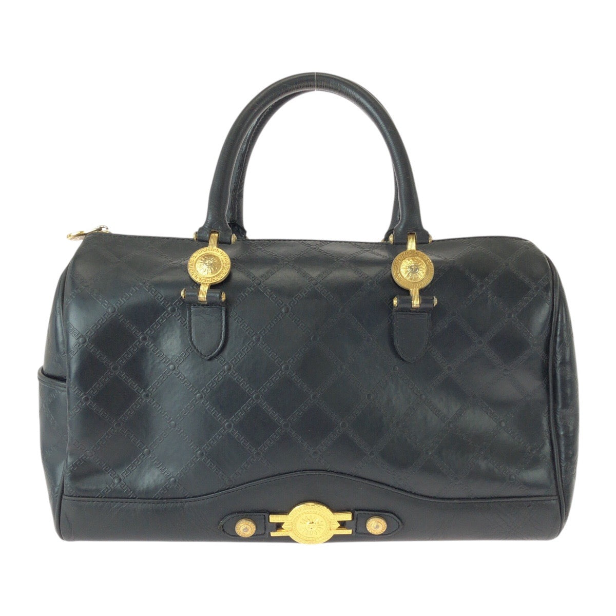 22046
VERSACE Sunburst Black Gold Hardware Leather Handbag Boston Bag Women's AB28