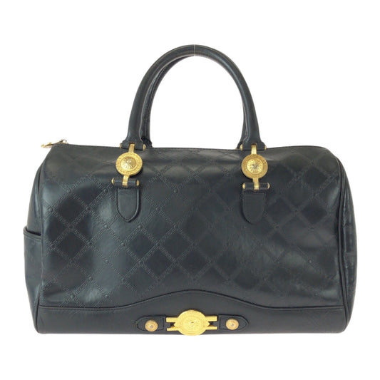 22046
VERSACE ヴェルサーチ サンバースト ブラック 黒 ゴールド金具 レザー ハンドバッグ ボストンバッグ レディース AB28