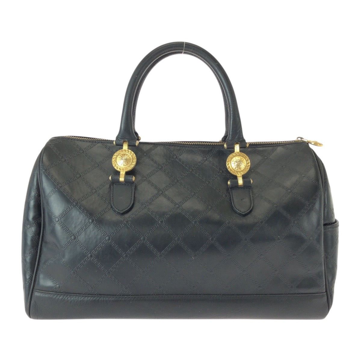 22046
VERSACE Sunburst Black Gold Hardware Leather Handbag Boston Bag Women's AB28