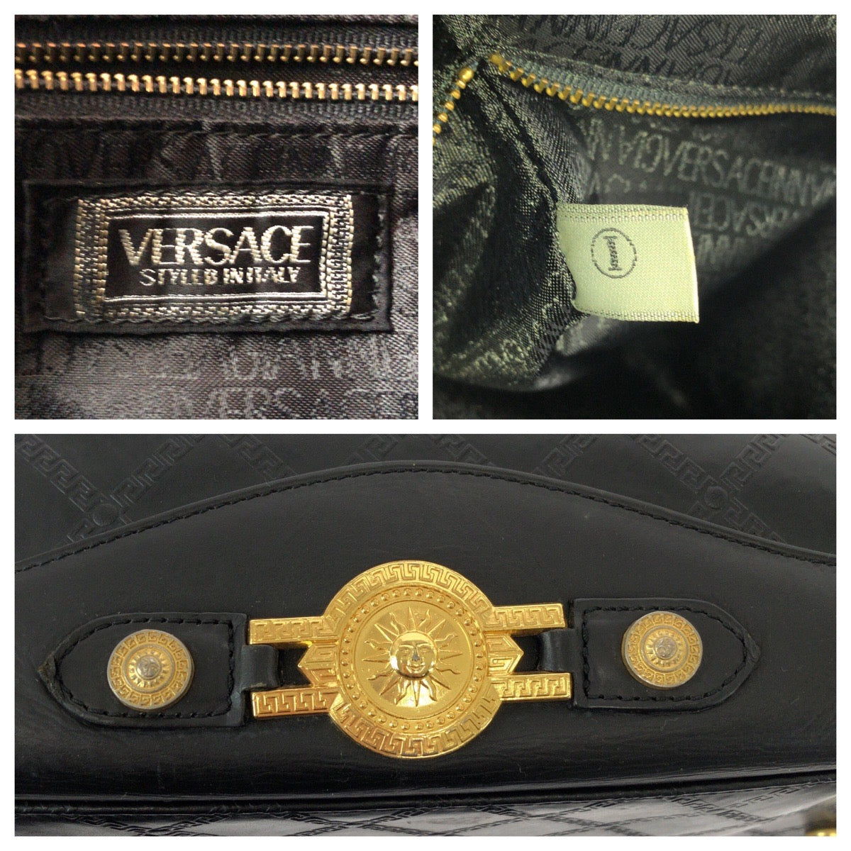 22046
VERSACE Sunburst Black Gold Hardware Leather Handbag Boston Bag Women's AB28