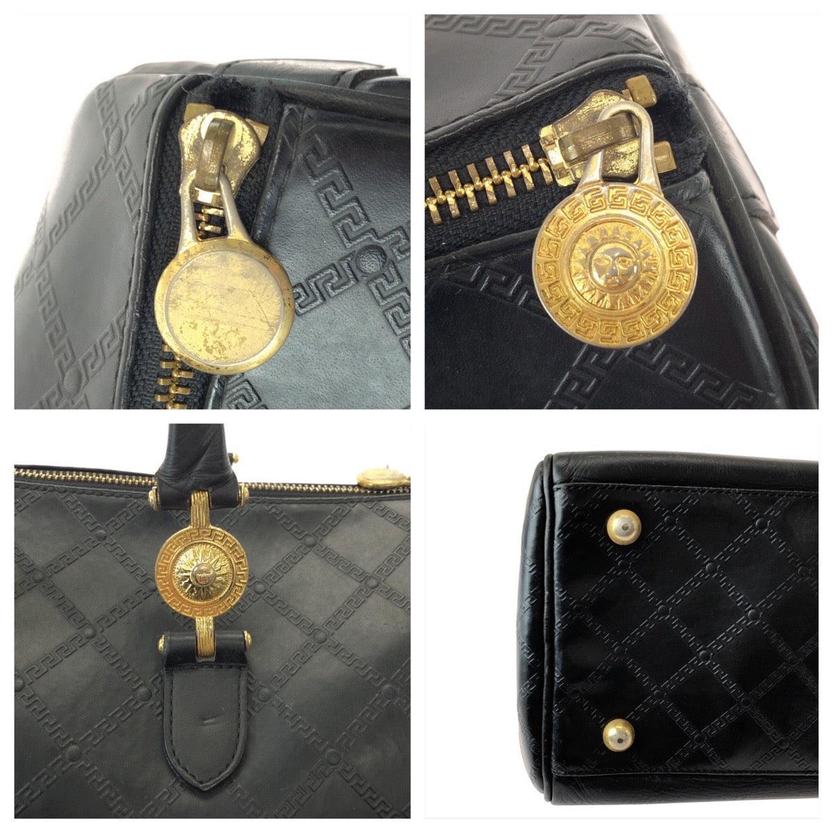 22046
VERSACE Sunburst Black Gold Hardware Leather Handbag Boston Bag Women's AB28