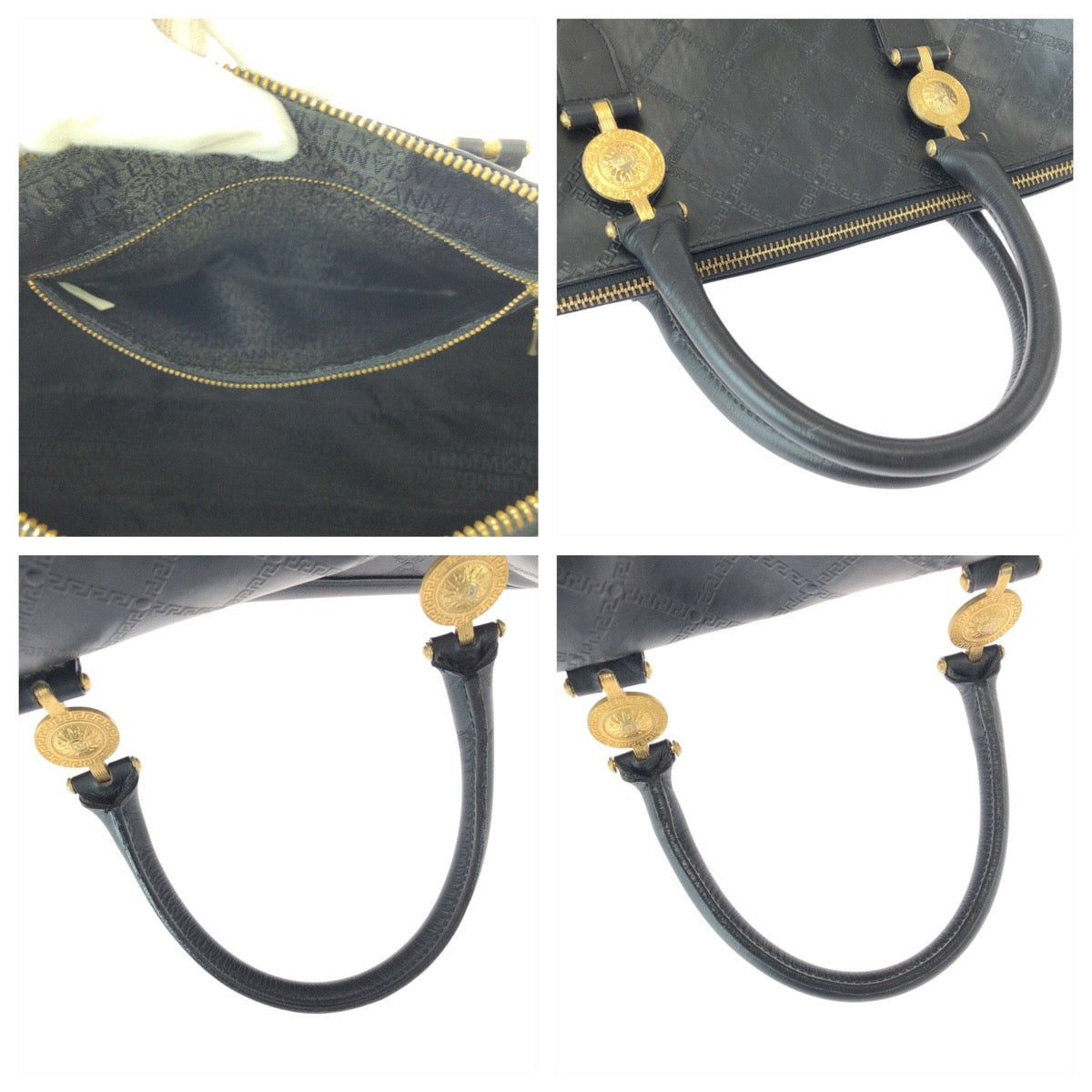 22046
VERSACE Sunburst Black Gold Hardware Leather Handbag Boston Bag Women's AB28