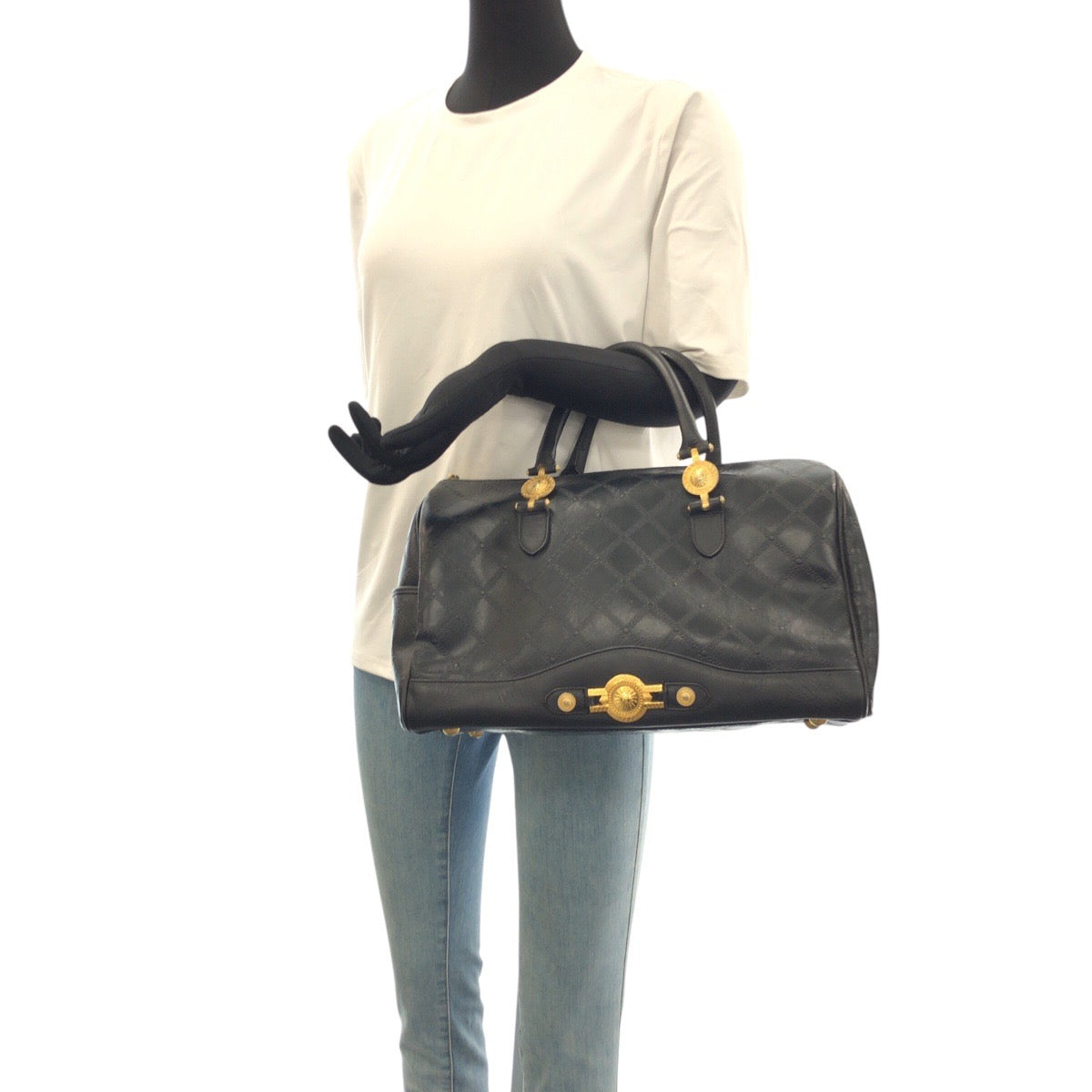 22046
VERSACE Sunburst Black Gold Hardware Leather Handbag Boston Bag Women's AB28