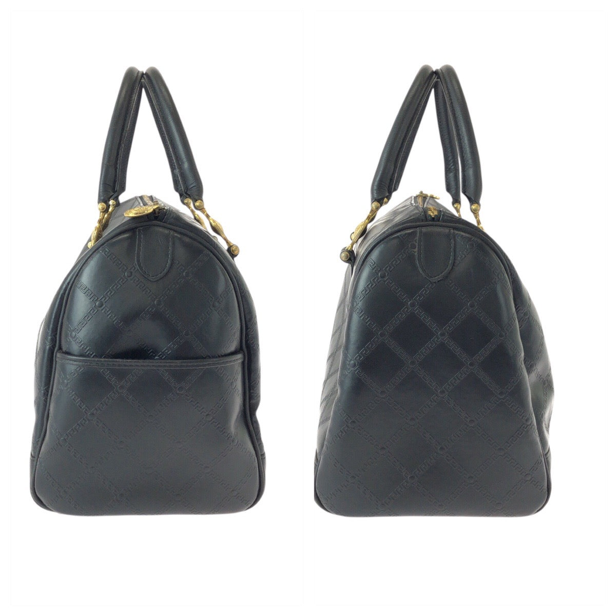 22046
VERSACE Sunburst Black Gold Hardware Leather Handbag Boston Bag Women's AB28