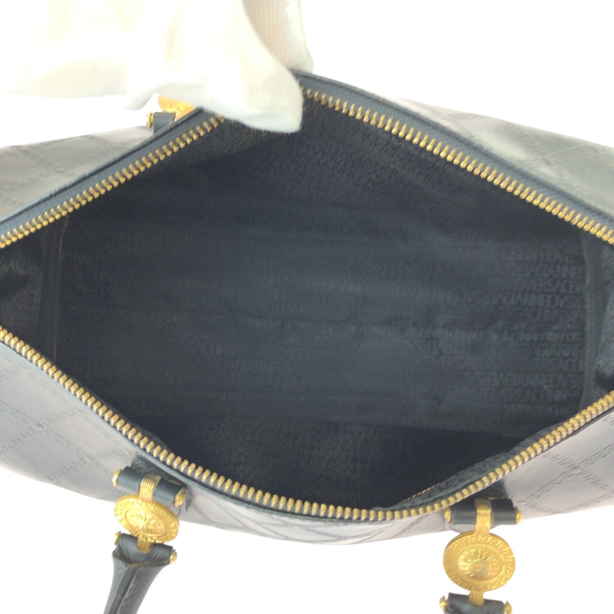 22046
VERSACE Sunburst Black Gold Hardware Leather Handbag Boston Bag Women's AB28