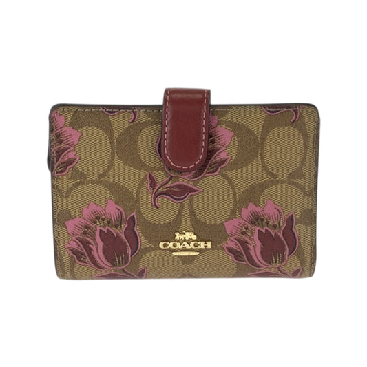 22057
COACH コーチ シグネチャー 花柄 ブラウン ボルドー ゴールド金具 レザー 折り財布 コンパクトウォレット レディース A5