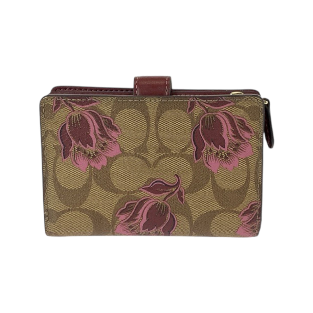 22057
COACH コーチ シグネチャー 花柄 ブラウン ボルドー ゴールド金具 レザー 折り財布 コンパクトウォレット レディース A5