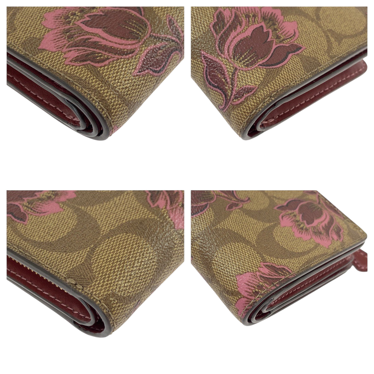 22057
COACH コーチ シグネチャー 花柄 ブラウン ボルドー ゴールド金具 レザー 折り財布 コンパクトウォレット レディース A5