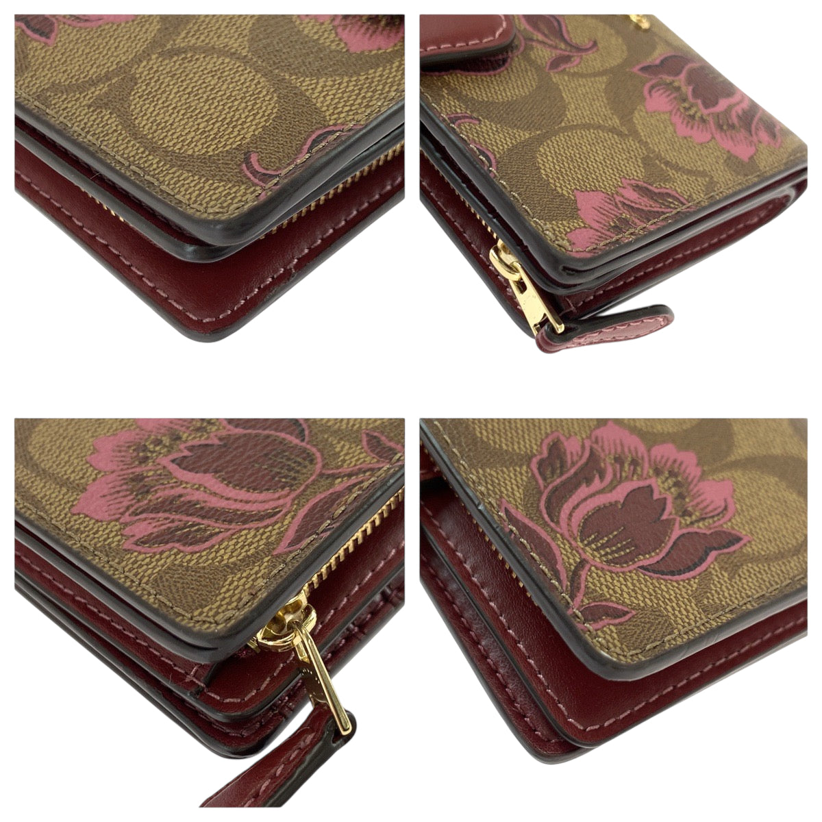 22057
COACH コーチ シグネチャー 花柄 ブラウン ボルドー ゴールド金具 レザー 折り財布 コンパクトウォレット レディース A5