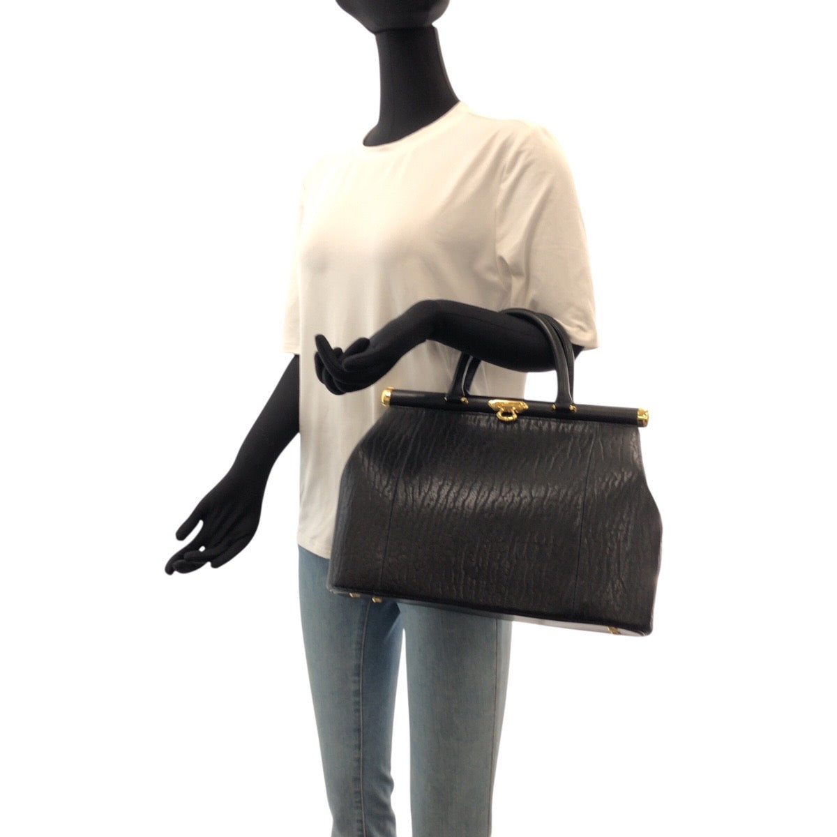 22065
ブラック 黒 ゴールド金具 レザー ハンドバッグ レディース A3