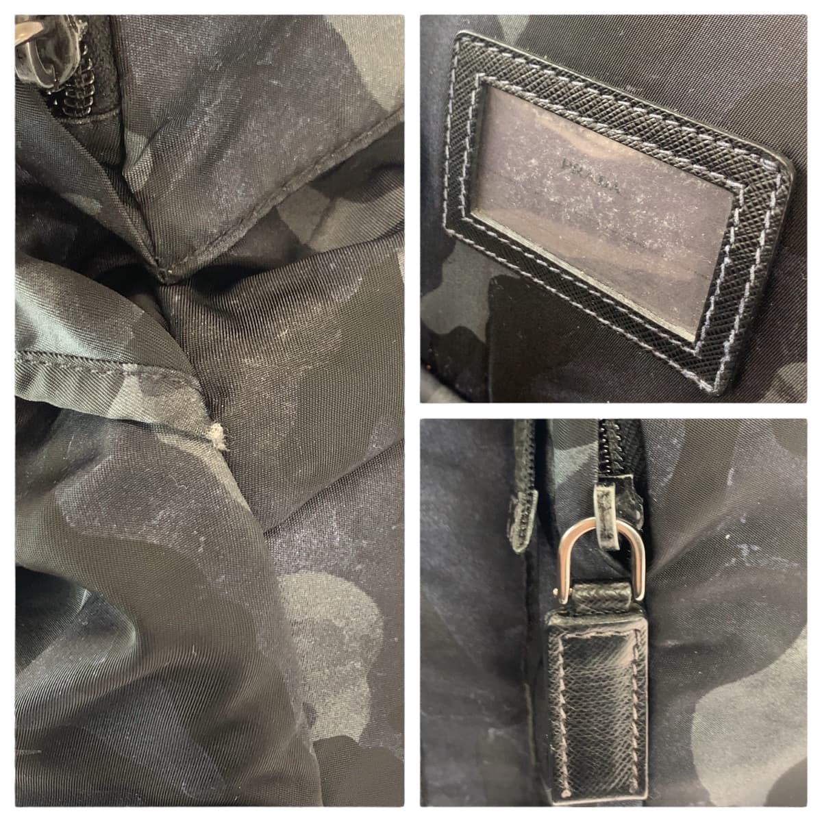 22084
PRADA プラダ テスート V136 カモフラ 迷彩 三角ロゴプレート ブラック グレー ガンメタ金具 ナイロン / レザー リュック・デイパック バックパック メンズ A100