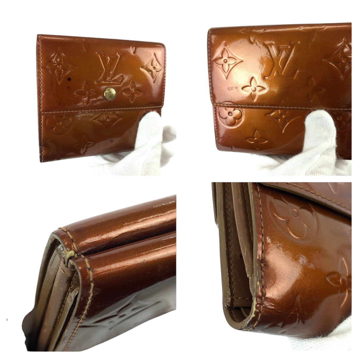 22102
LOUIS VUITTON ルイヴィトン モノグラム ヴェルニ ポルト モネ ビエ カルト クレディ ブロンズ ブラウン ゴールド金具 エナメル M91170 折り財布 コンパクトウォレット レディース AB7