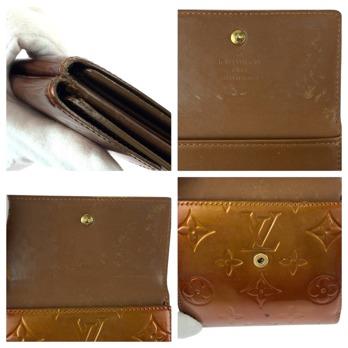 22102
LOUIS VUITTON ルイヴィトン モノグラム ヴェルニ ポルト モネ ビエ カルト クレディ ブロンズ ブラウン ゴールド金具 エナメル M91170 折り財布 コンパクトウォレット レディース AB7