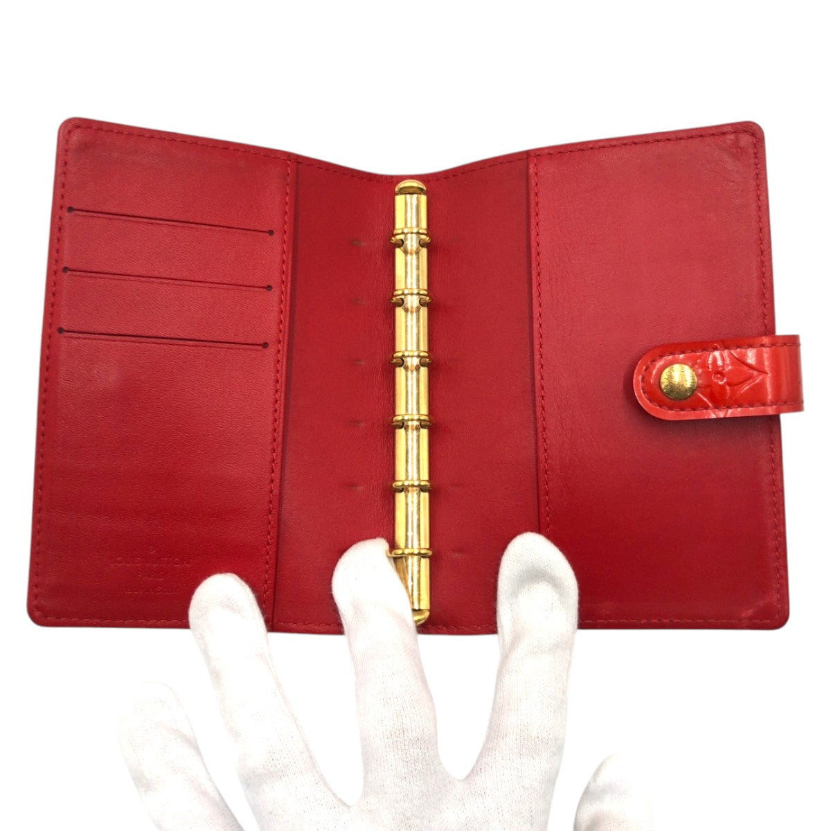 22104
LOUIS VUITTON ルイヴィトン モノグラム ヴェルニ アジェンダPM レッド ゴールド金具 パテントレザー R2101F 手帳カバー レディース AB4