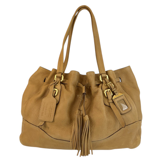 22110
PRADA プラダ ロゴ ベージュ キャメル ゴールド金具 レザー ショルダーバッグ トートバッグ レディース AB35