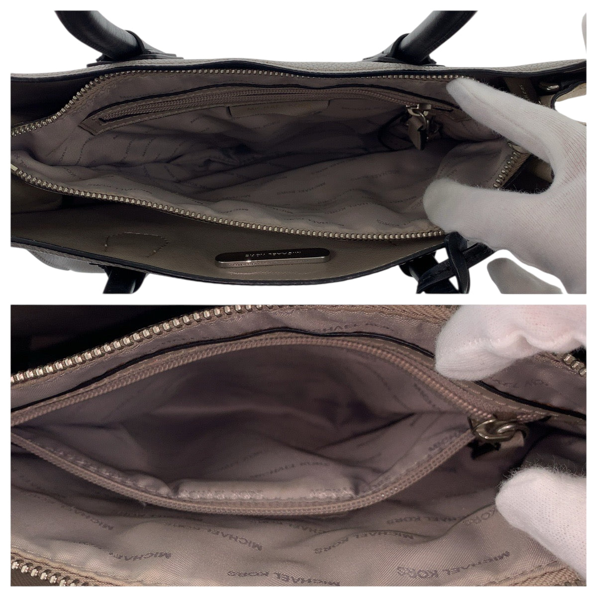 22146
Michael Kors マイケルコース グレー ホワイト ブラック シルバー金具 レザー トートバッグ ハンドバッグ レディース AB7