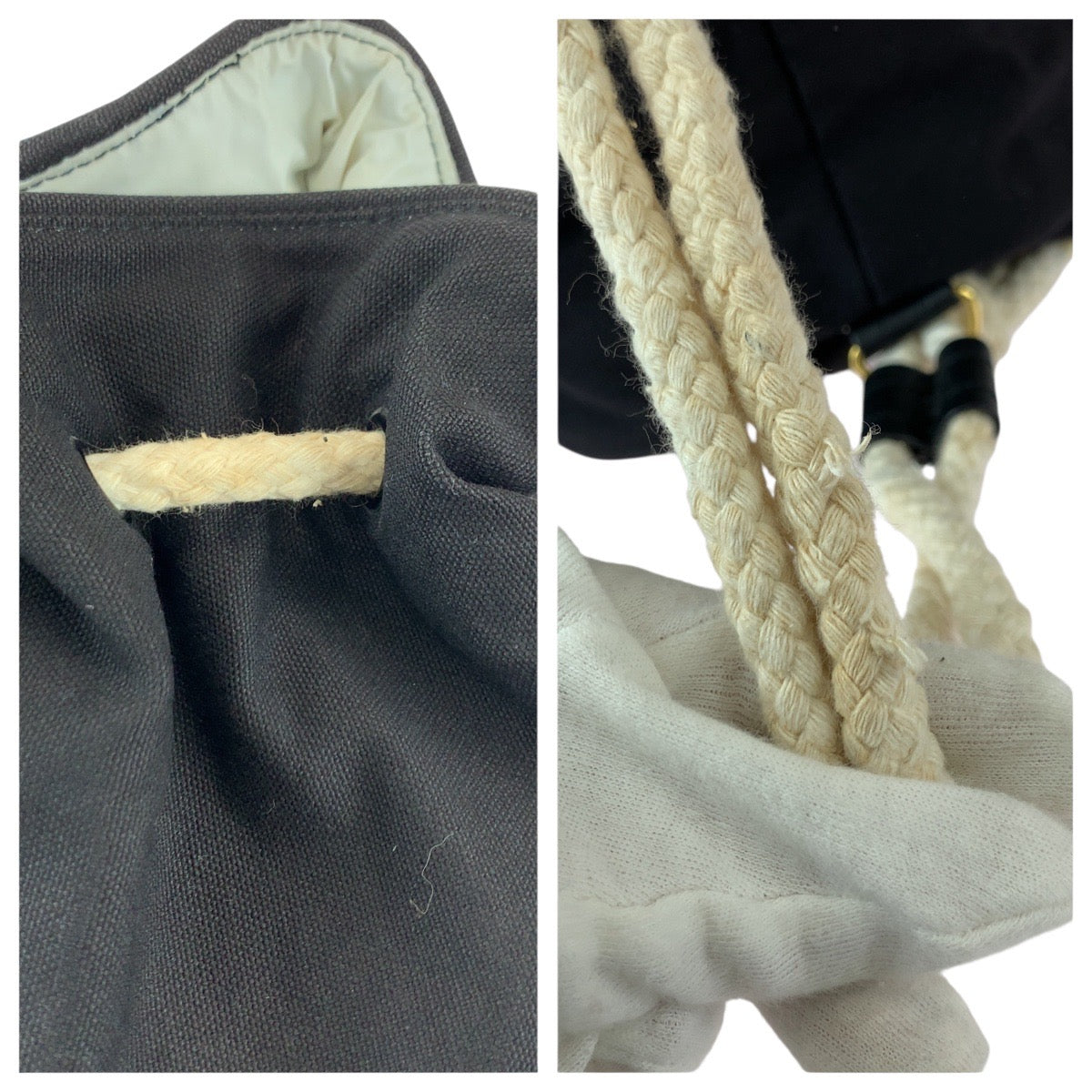 22149
CHANEL シャネル 巾着 ブラック ホワイト ゴールド金具 キャンバス ショルダーバッグ レディース AB7