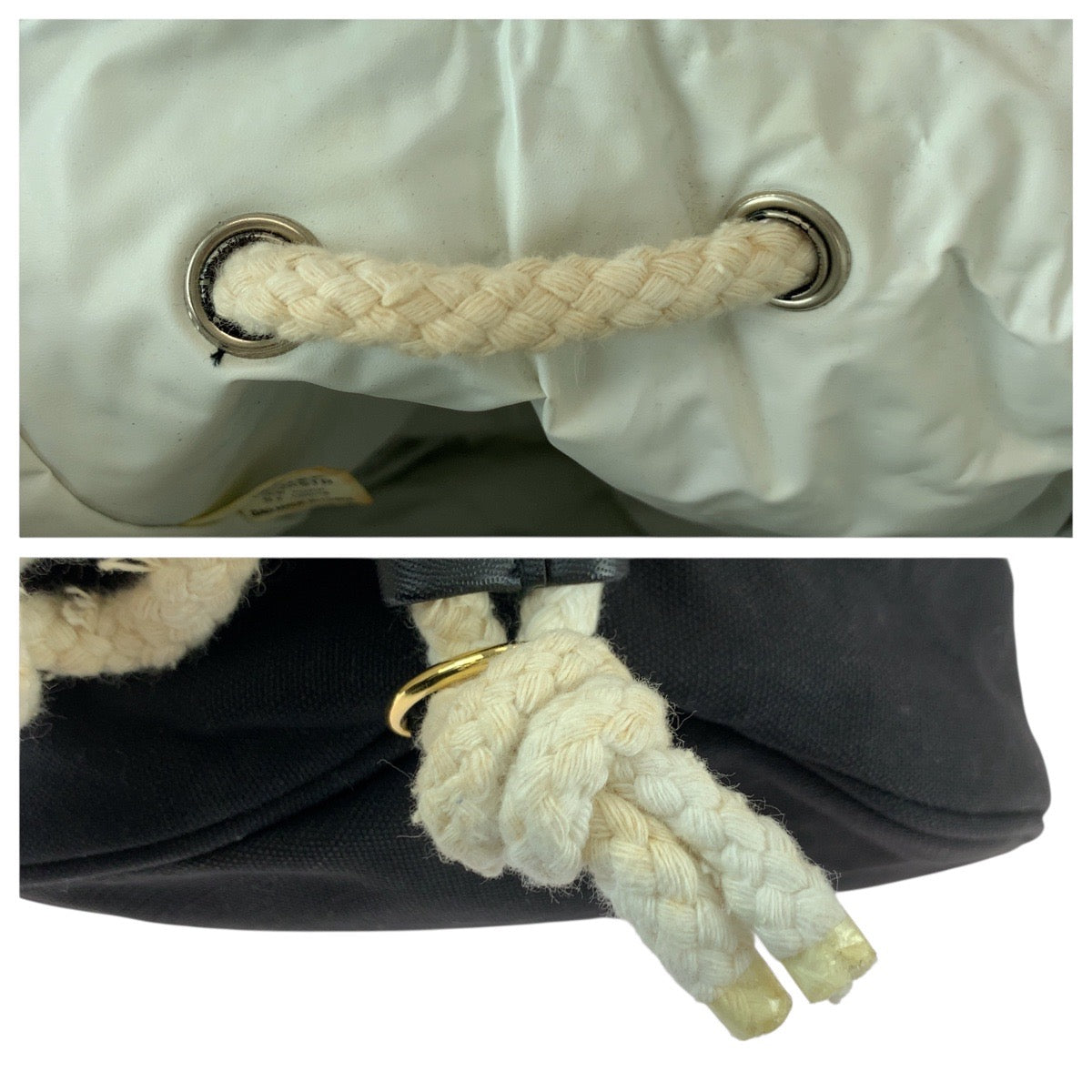 22149
CHANEL シャネル 巾着 ブラック ホワイト ゴールド金具 キャンバス ショルダーバッグ レディース AB7